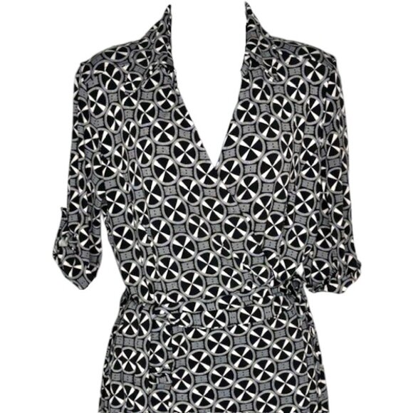 Jane Lamerton (Australia) True Wrap Dress w/Collar Geo Print - Black/Ivory - 12 - Picture 3 of 11